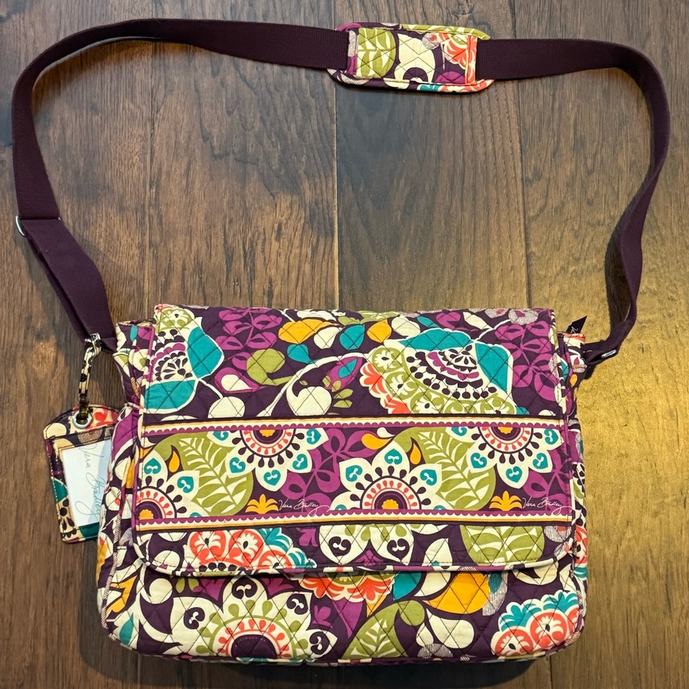 Vera Bradley Retired Messenger/Computer Bag in the Plum Crazy pattern.